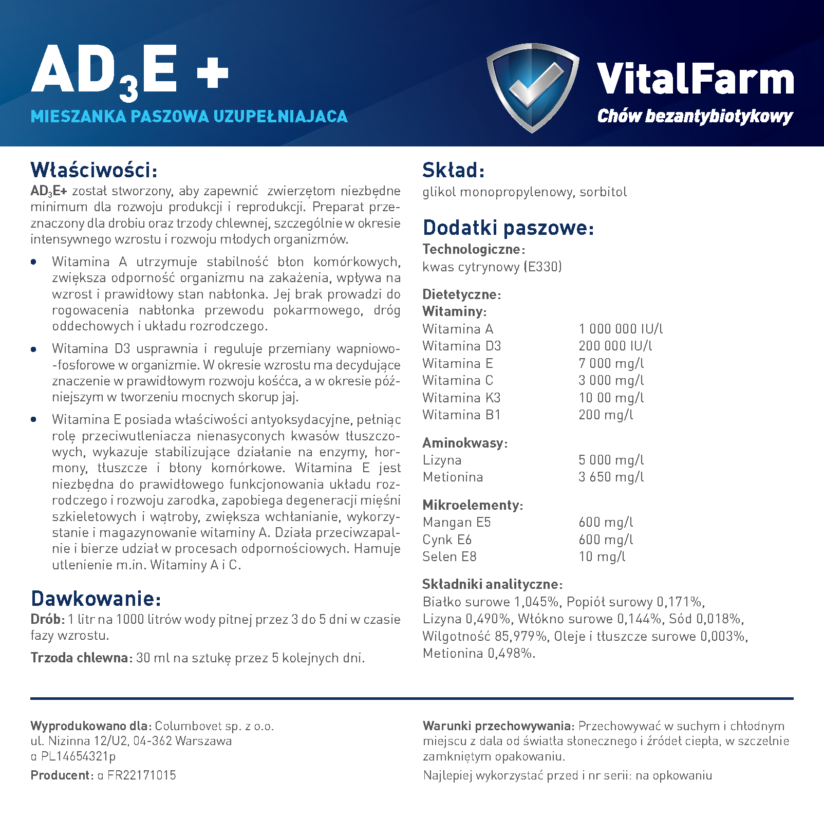 Tył etykiety produktu AD3E+ marki VitalFarm z opisem właściwości, dawkowaniem, warunkami przechowywania i składem.