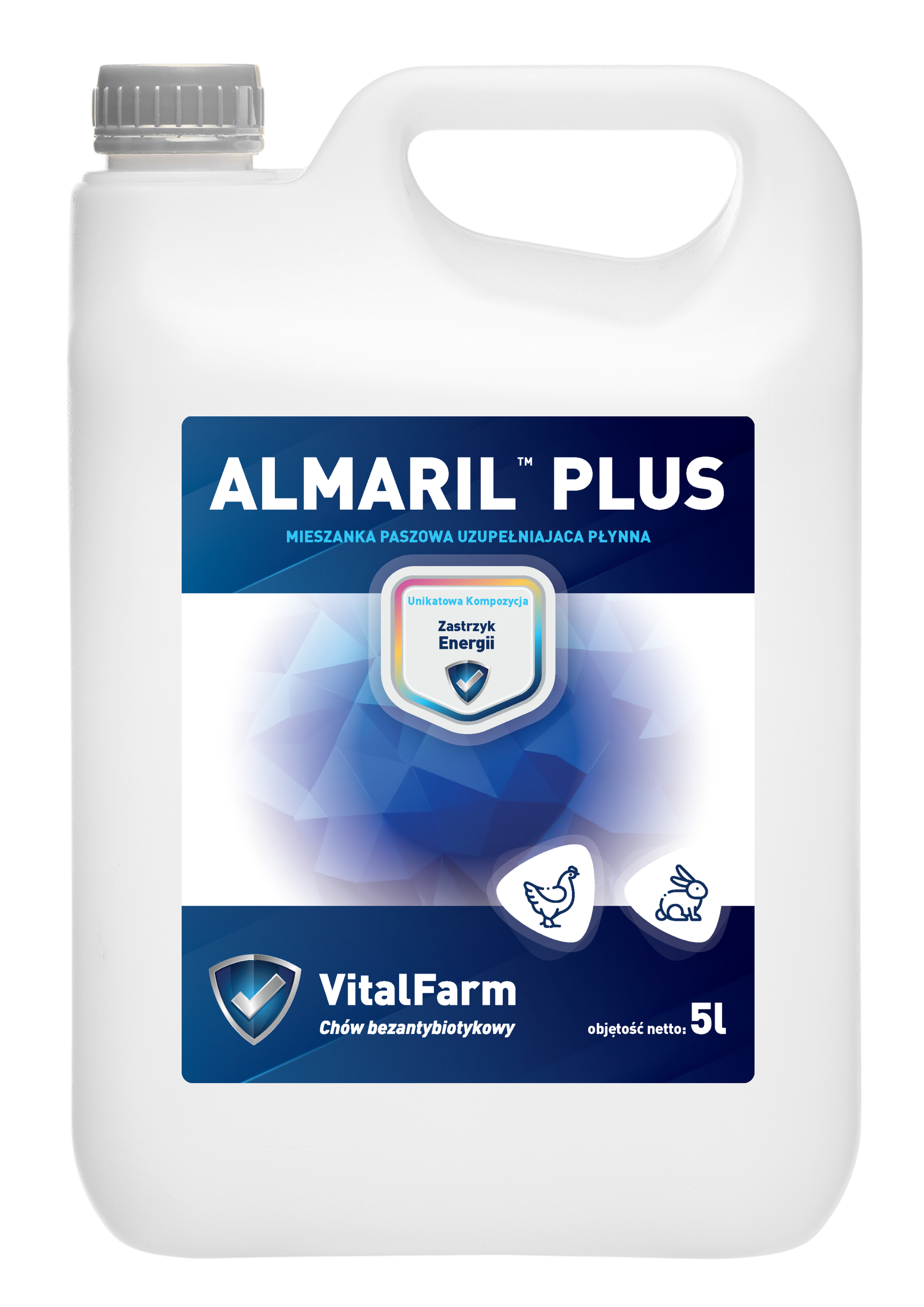 Mieszanka paszowa uzupełniająca Almaril Plus marki VitalFarm w białej bańce 5L. Kolorowa etykieta z piktogramem kury, królika
