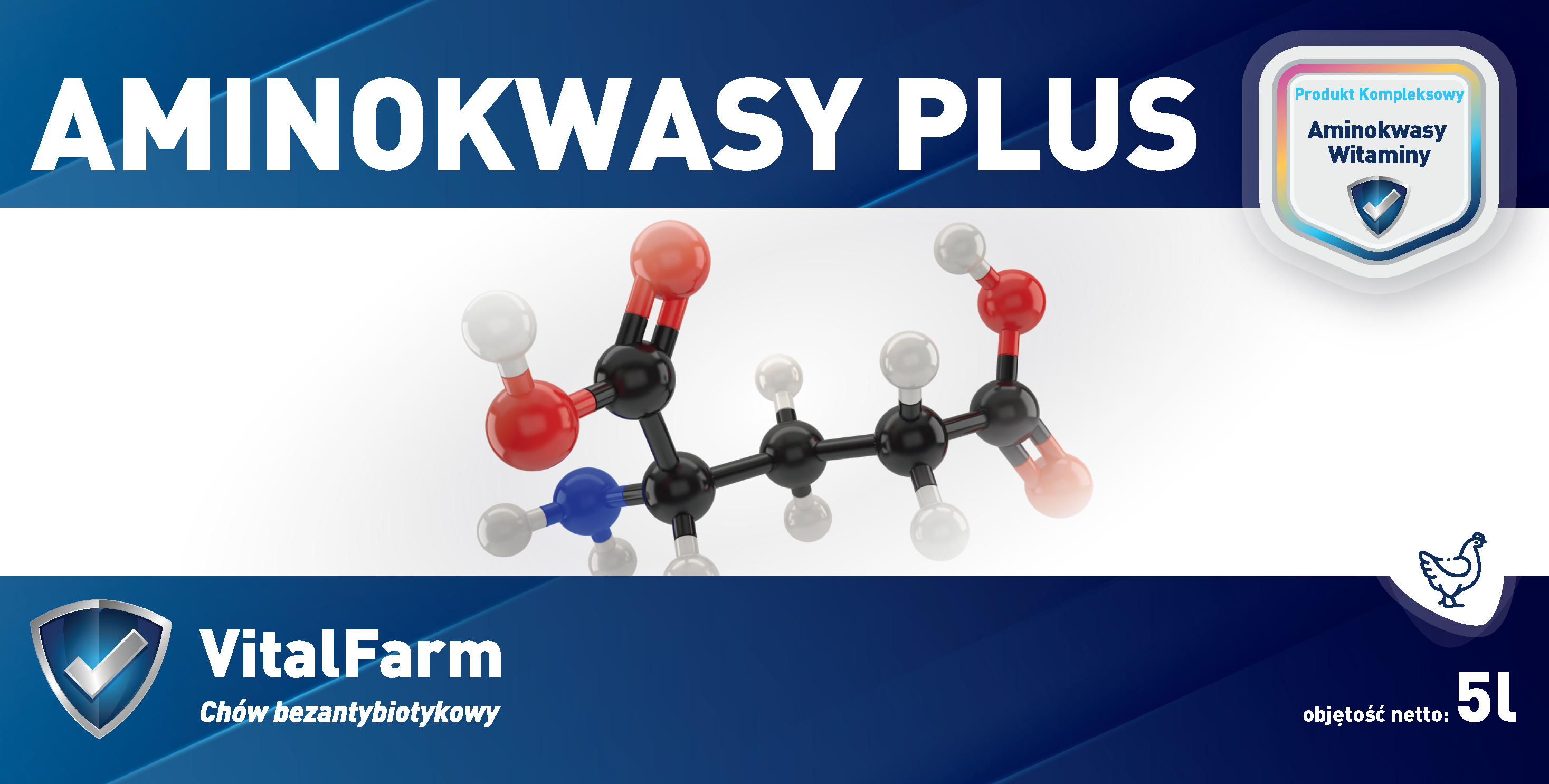 Kolorowa etykieta mieszanki paszowej uzupełniającej Aminokwasy Plus 5L marki VitalFarm. Na etykiecie piktogram kury.