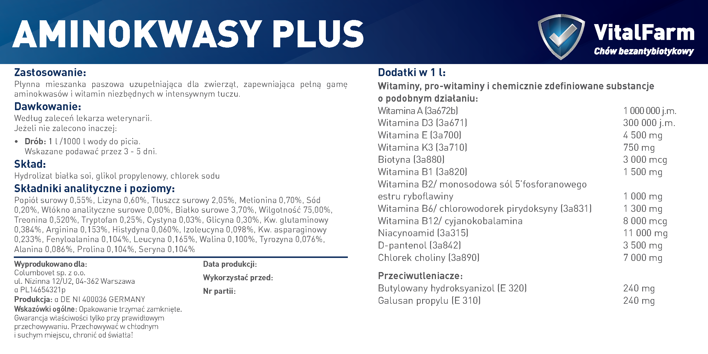 Tył etykiety Aminokwasy Plus 5L marki VitalFarm. Na niej: zastosowanie, dawkowanie, skład, warunki przechowywania.