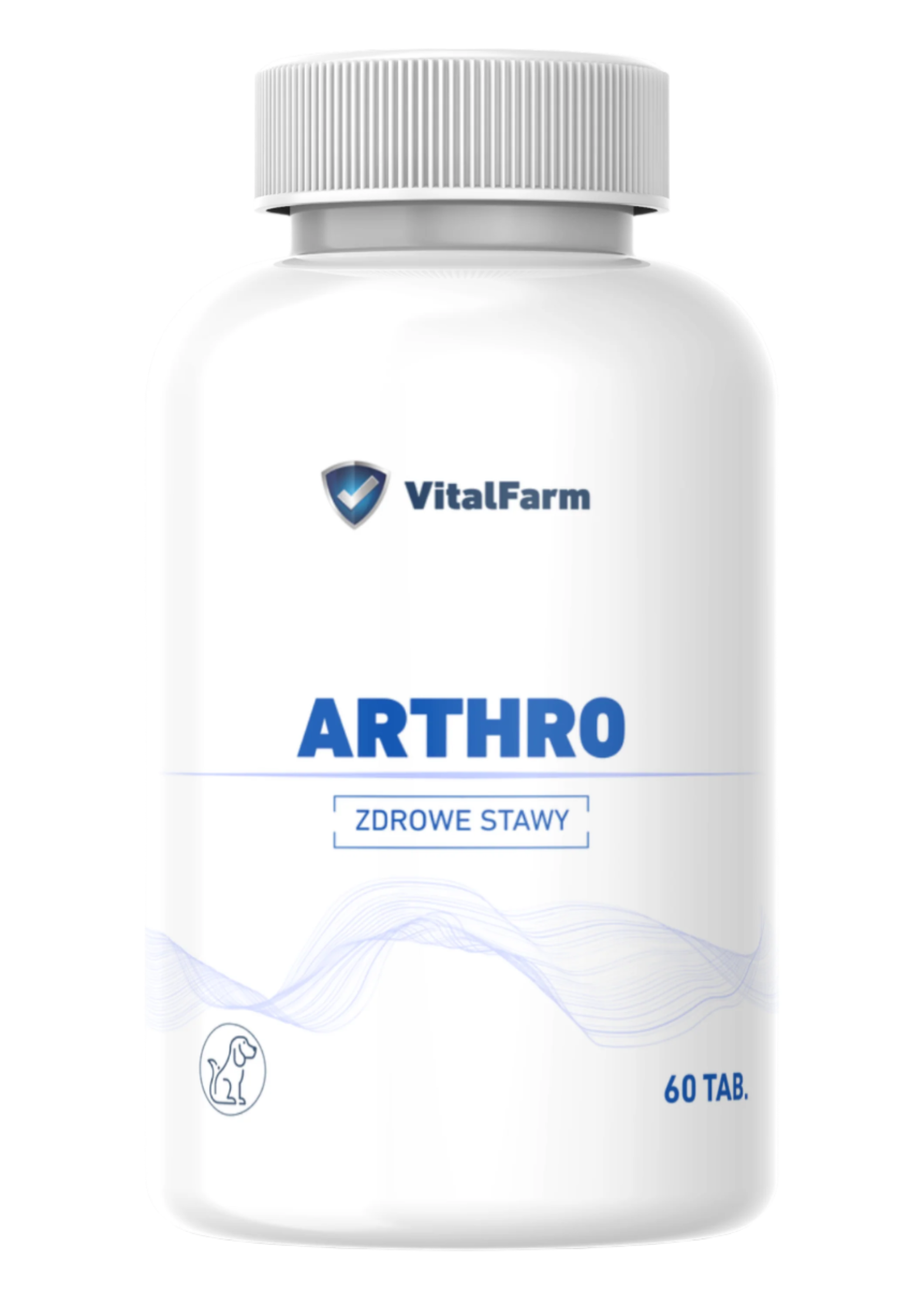 Suplement ARTHRO marki VitalFarm dla piesków w białej butelce. Zawartość 60 tabletek, efekt działania to zdrowe stawy.