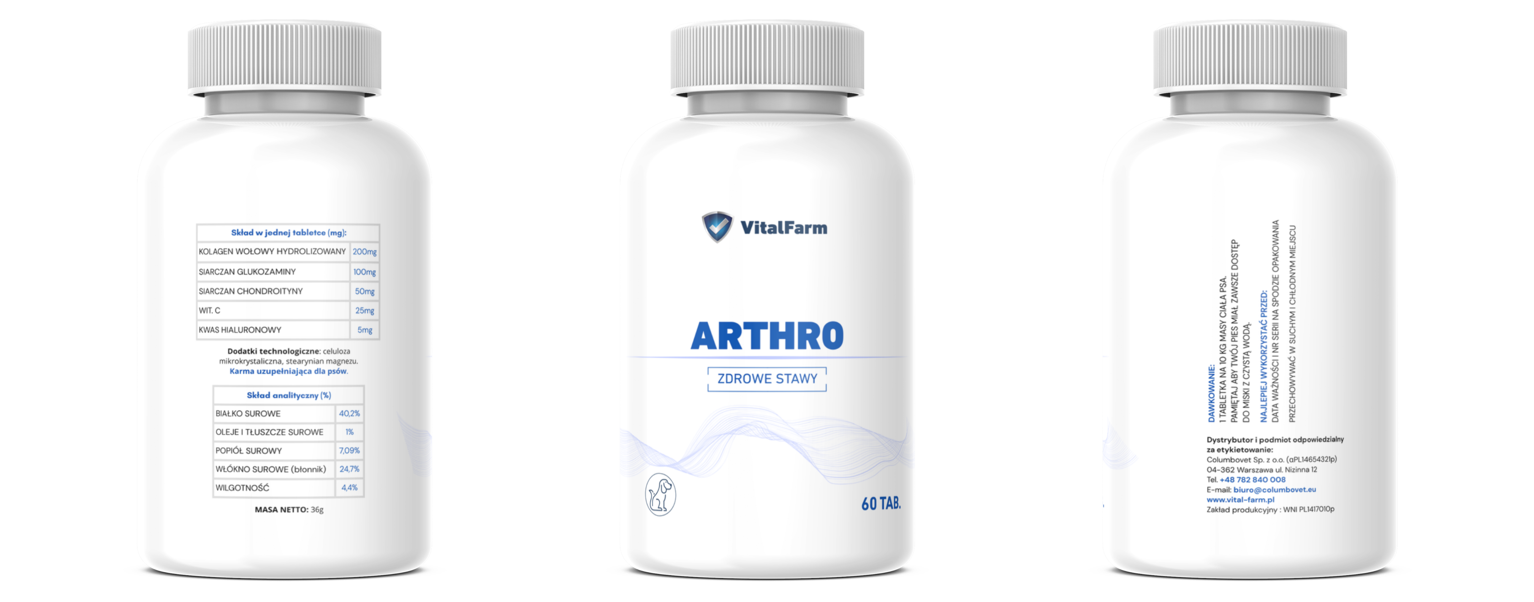 Suplement ARTHRO marki VitalFarm w białej butelce. Butelka pokazana z 3 stron, a na nich: skład, dawkowanie, dystrybutor.