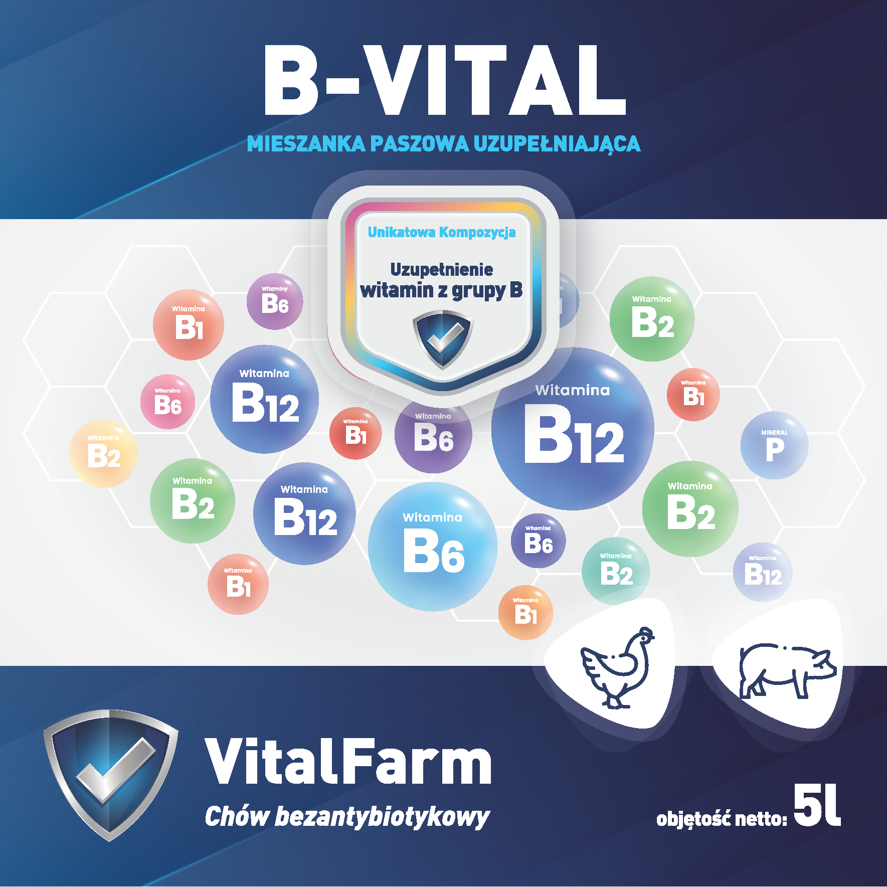 Przód etykiety suplementu B-Vital marki VitalFarm. Na etykiecie kolorowe bąbelki różnych witamin, piktogramy kury i świni.