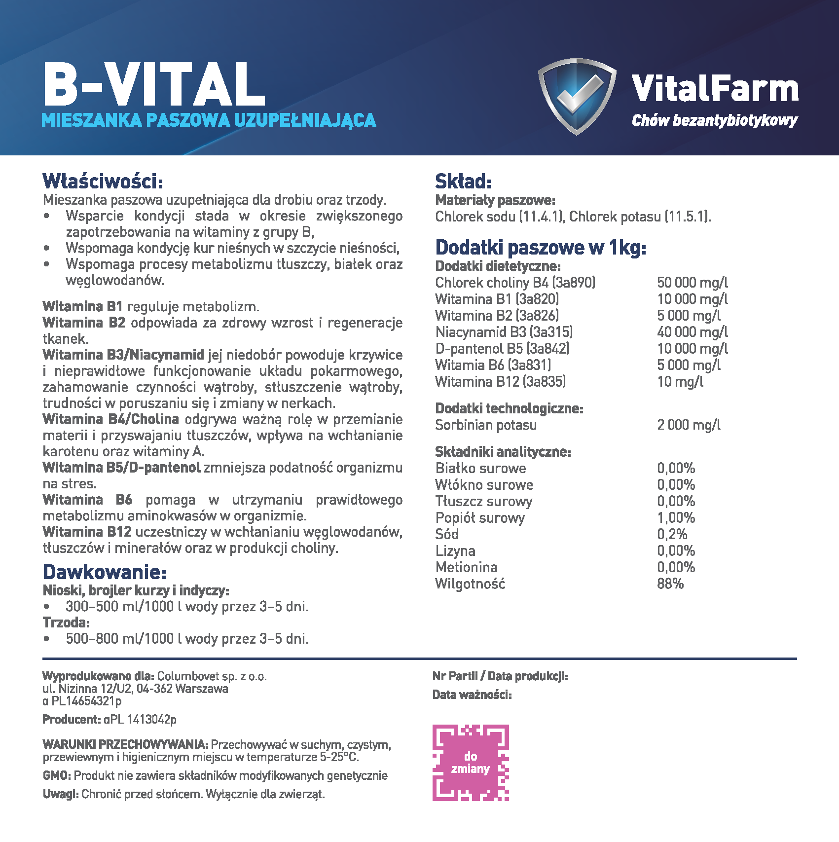 Tył etykiety suplementu B-Vital marki VitalFarm. Na etkiecie:właściwości, dawkowanie, skład, nr partii, data ważności.