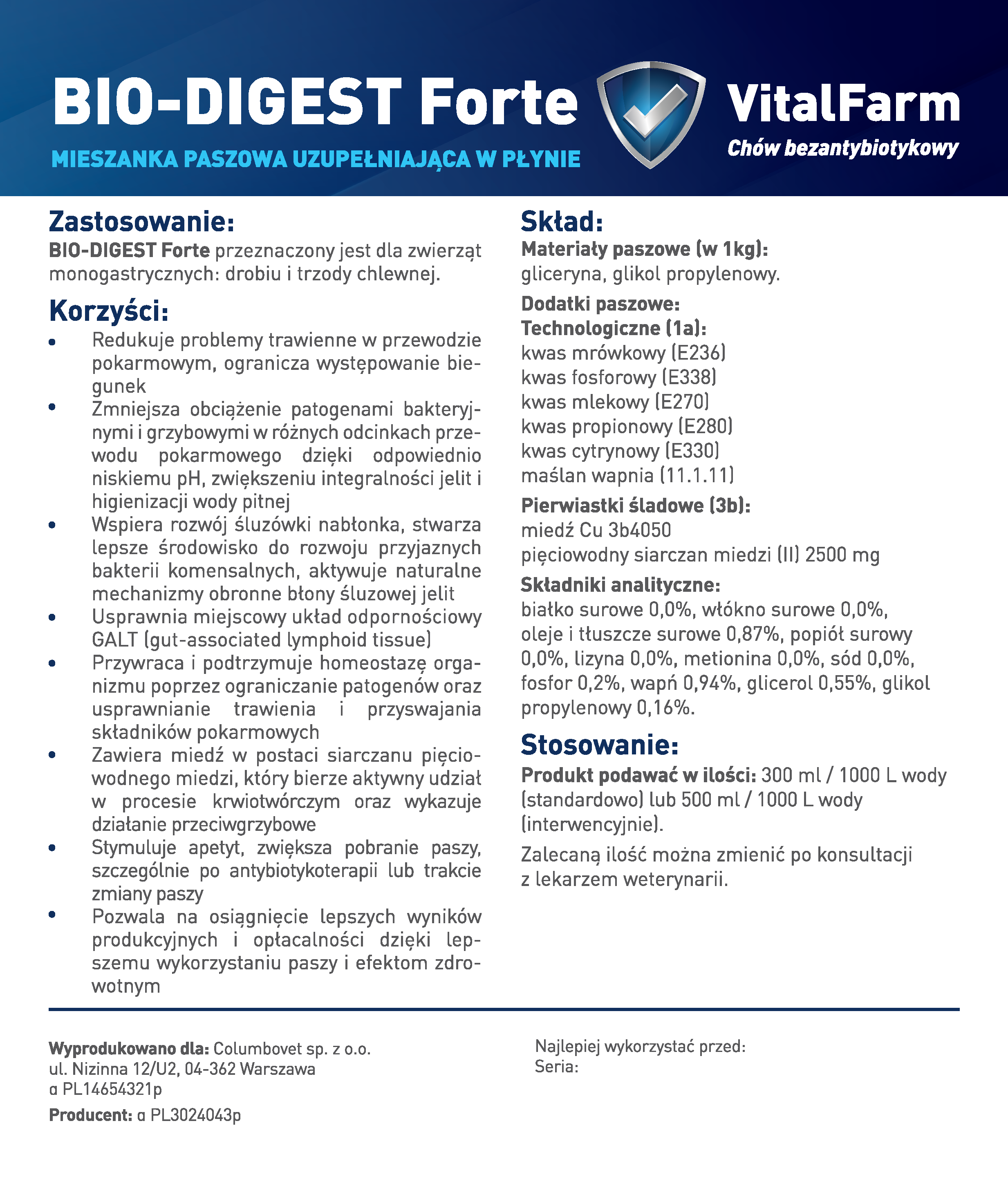 Tył etykiety BIO-DIGEST Forte marki VitalFarm z: zastosowaniem, korzyściami składem, stosowaniem, serią i datą ważności.