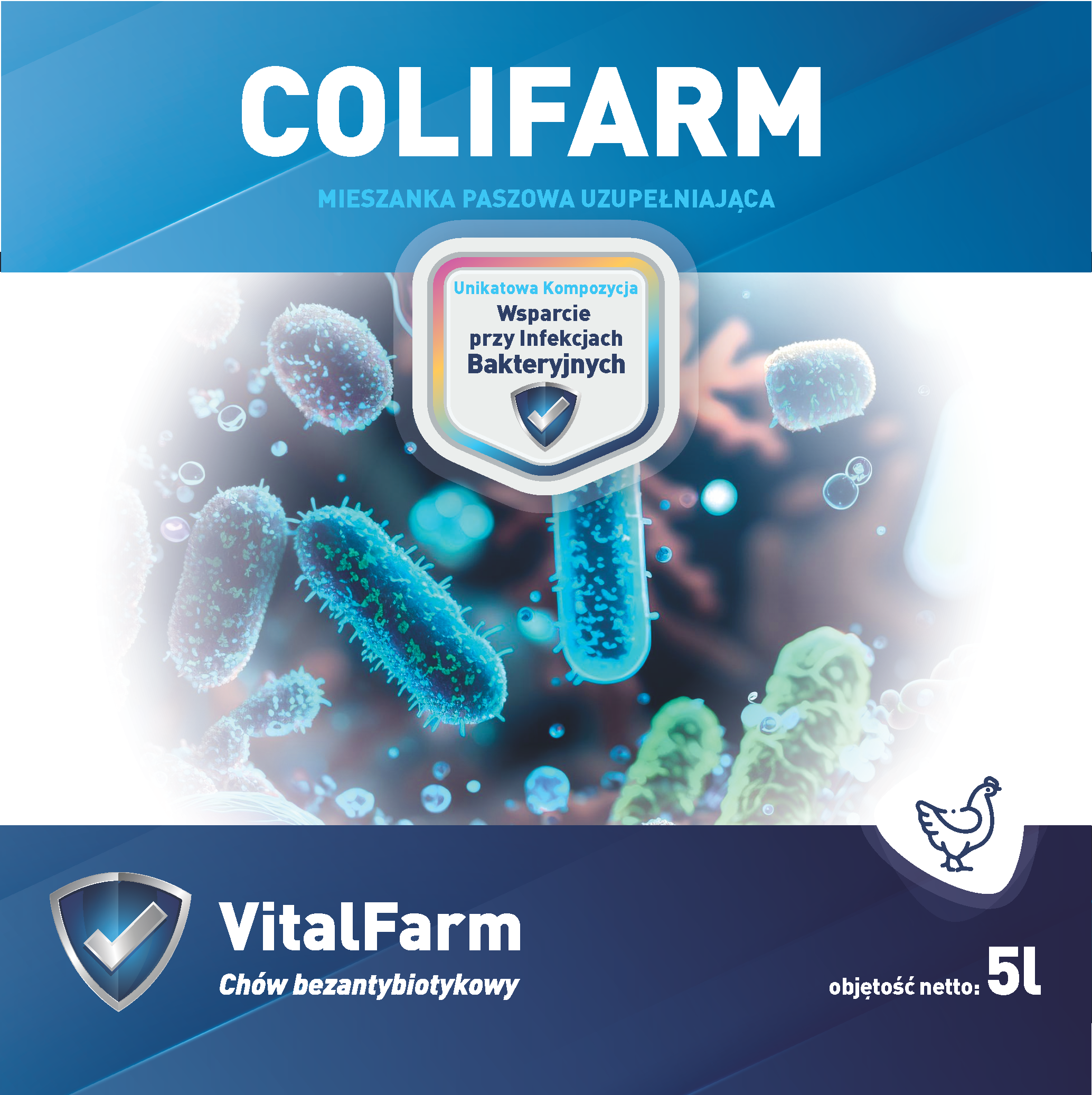 Przód etykiety suplementu Colifarm marki VitalFarm dla drobiu. Etykieta z przewagą koloru granatowego i piktogramem kury.