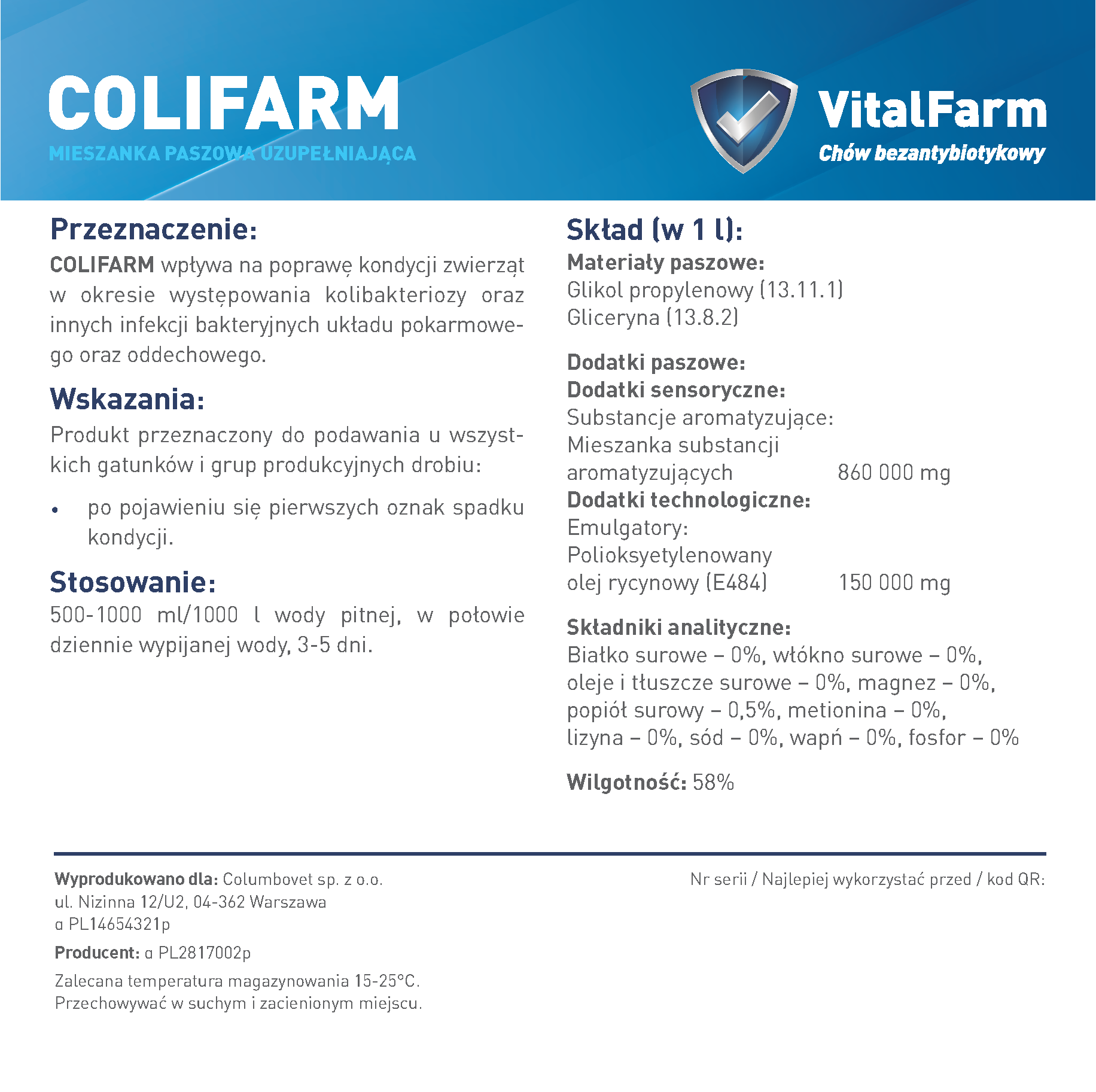 Tył etykiety suplementu Colifarm marki VitalFarm. Na etykiecie: przeznaczenie, wskazania, stosowanie, skład, data i nr serii.