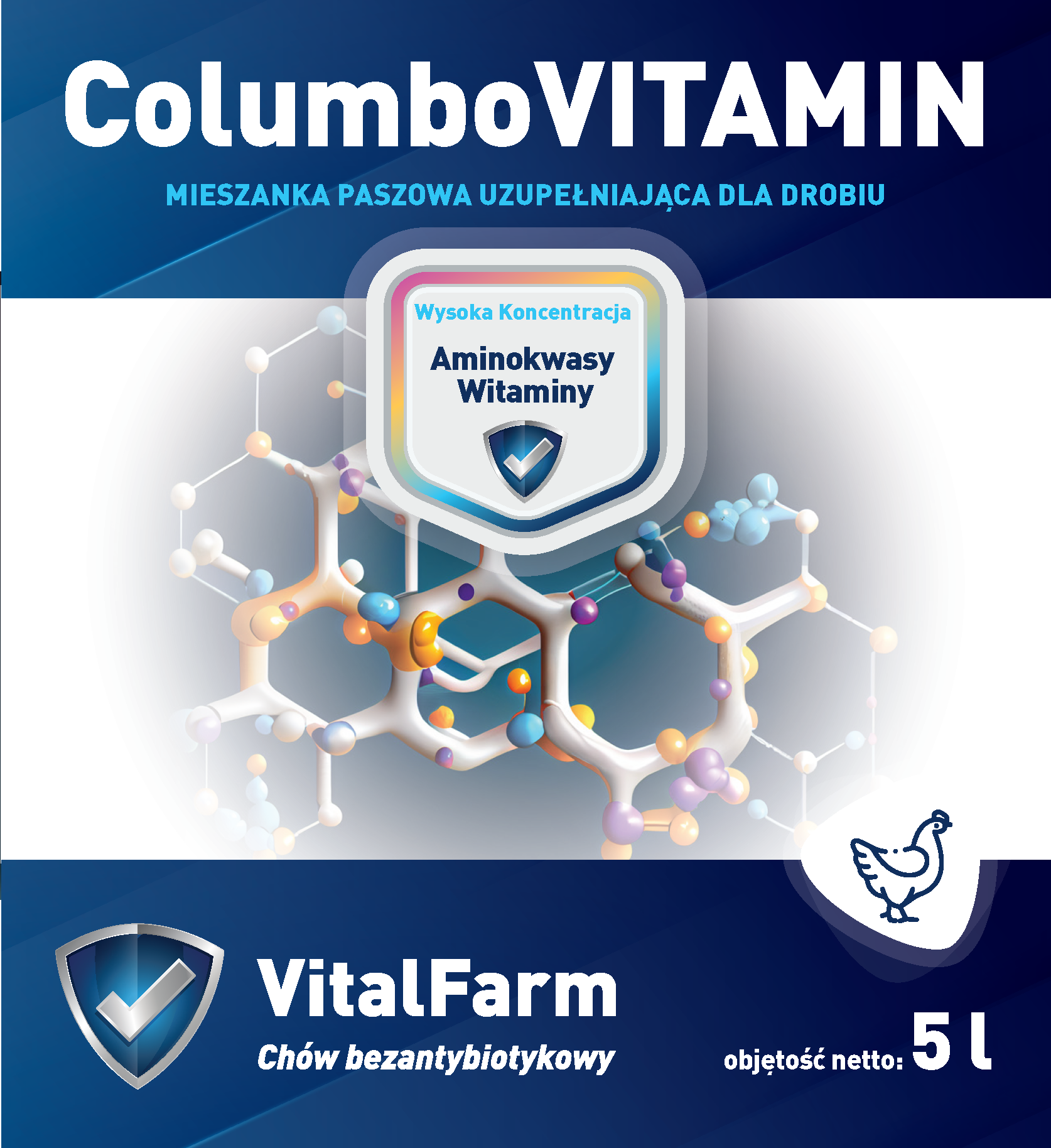 Przód etykiety suplementu ColumboVitamin marki VitalFarm dla drobiu. Na zdjęciu dominuje kolor granatowy, jest piktogram kury