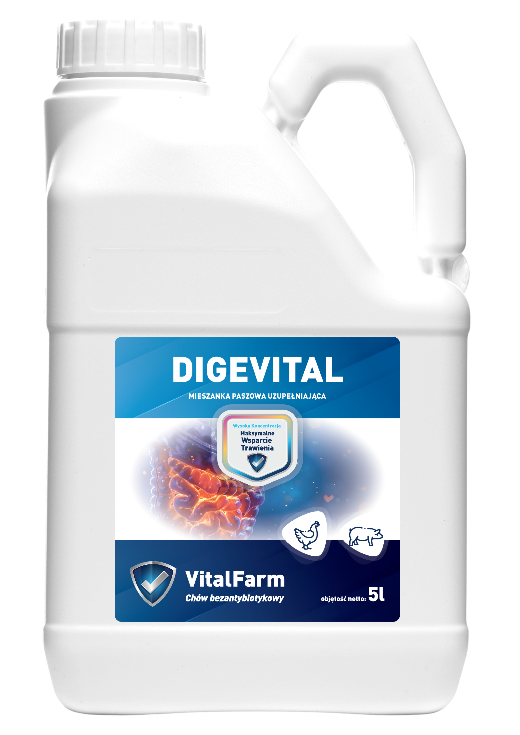 Mieszanka paszowa uzupełniająca Digevital marki VitalFarm dla drobiu i trzody, w białej bańce 5l, etykieta głównie granatowa.