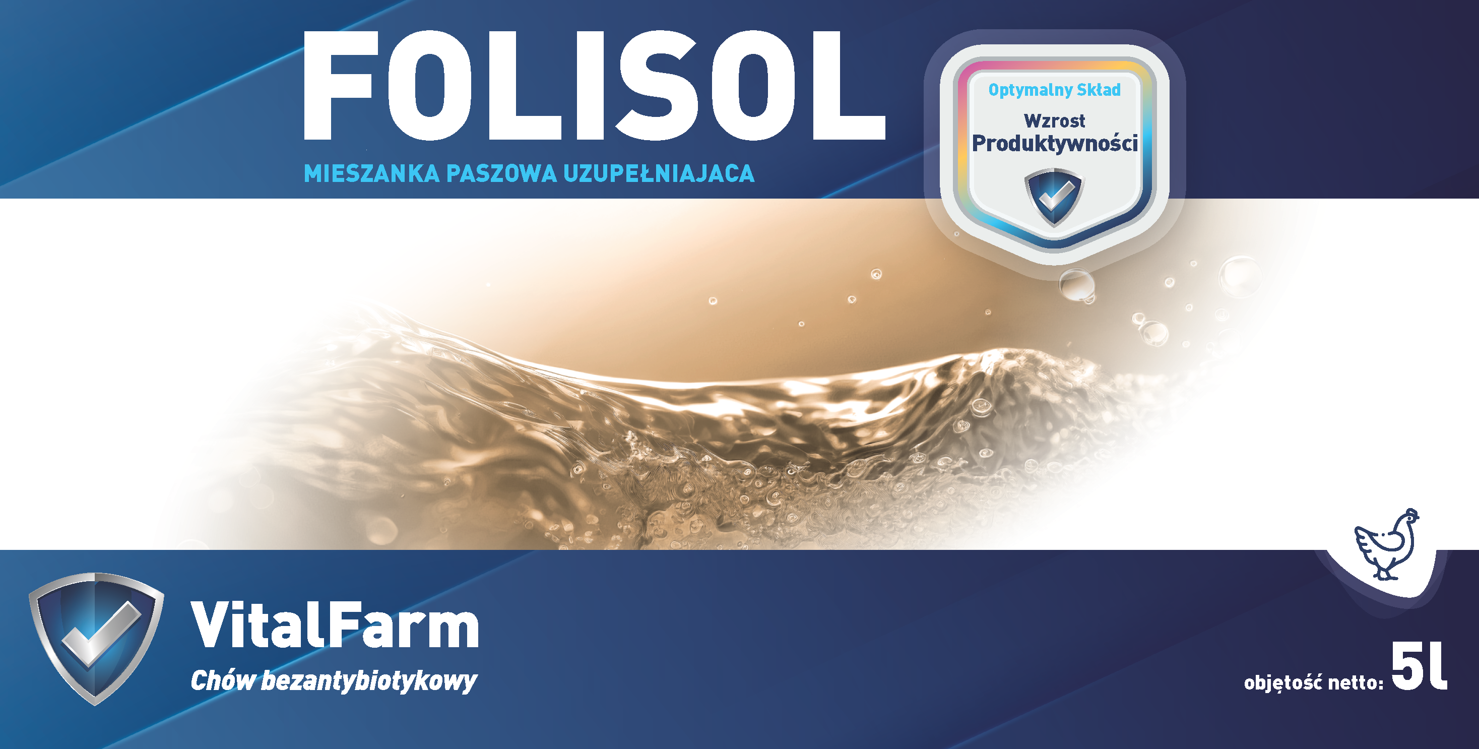 Przód etykiety suplementu Folisol marki VitalFarm 5L. Góra, dół granatowe z piktogramem kury, w środku biało-brązowa grafika.