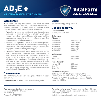 Tył etykiety produktu AD3E+ marki VitalFarm z opisem właściwości, dawkowaniem, warunkami przechowywania i składem.