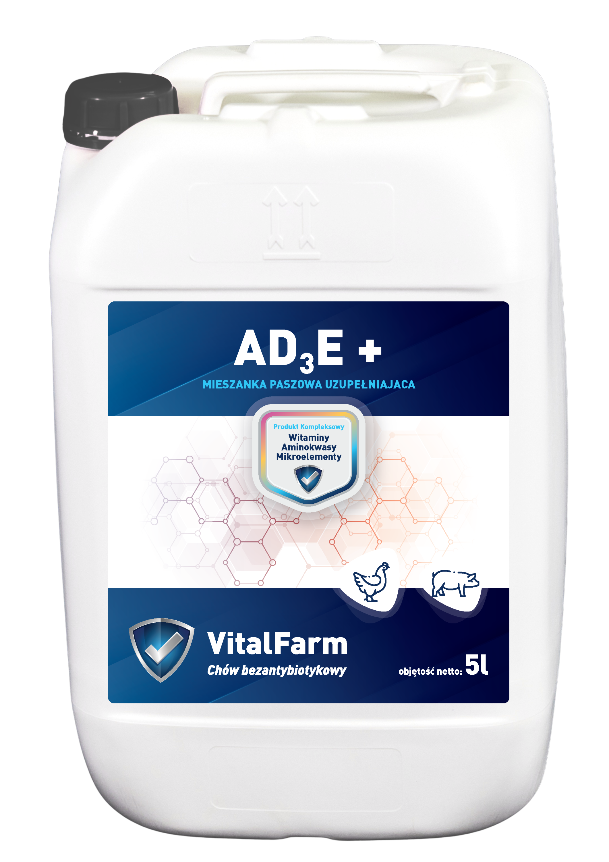 Mieszanka paszowa uzupełniająca AD3E+ marki VitalFarm, w białej bańce 5L dla drobiu i trzody chlewnej, z kolorową etykietą.