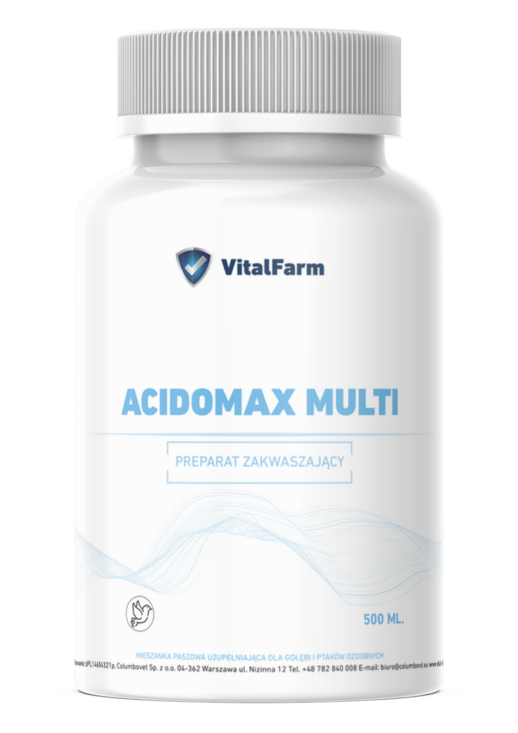 Zakwaszacz dla gołębi Acidomax Multi marki VitalFarm, w białej butelce o pojemności 500 ml.