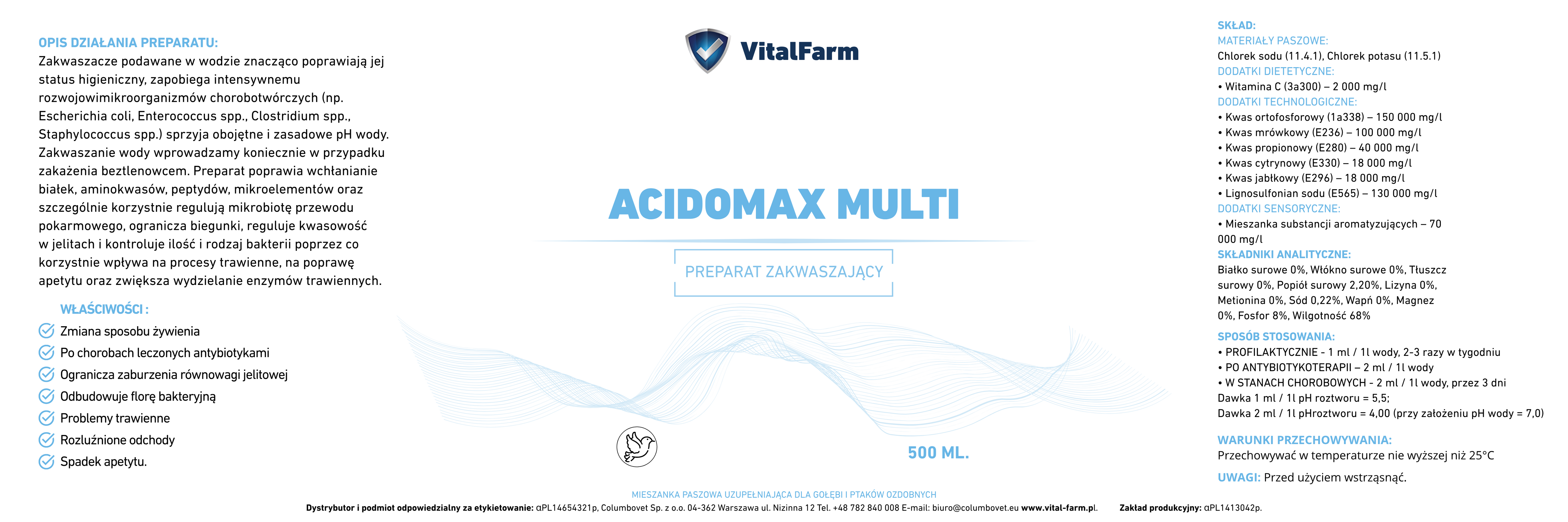 Etykieta zakwaszacza Acidomax Multi marki VitalFarm z opisem działania, składem, sposobem stosowania i uwagami.