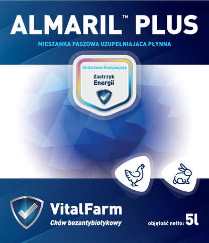 Kolorowa etykieta Almaril Plus 5L marki VitalFarm. Przeważający kolor granatowy. Na etykiecie piktogram kury i królika.