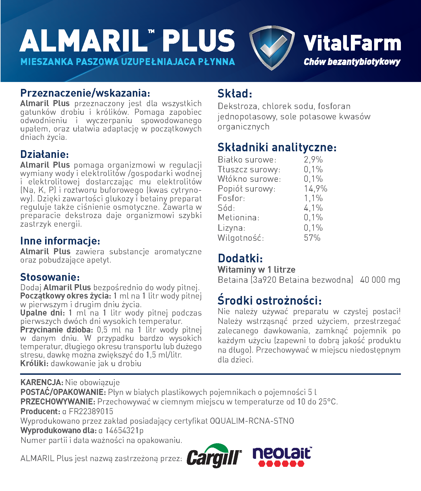Tył etykiety Almaril Plus 5L marki VitalFarm. Na etykiecie: wskazania, działanie, stosowanie, skład oraz środki ostrożności.