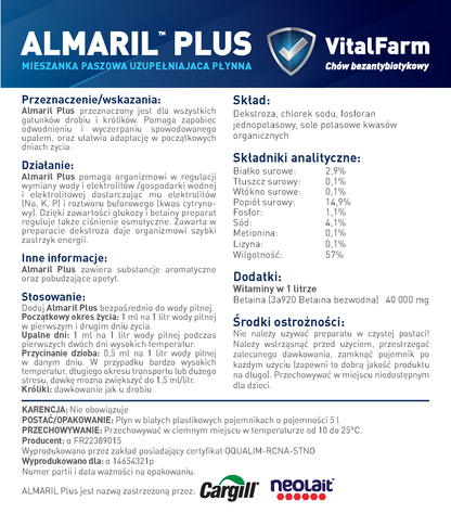 Tył etykiety Almaril Plus 5L marki VitalFarm. Na etykiecie: wskazania, działanie, stosowanie, skład oraz środki ostrożności.