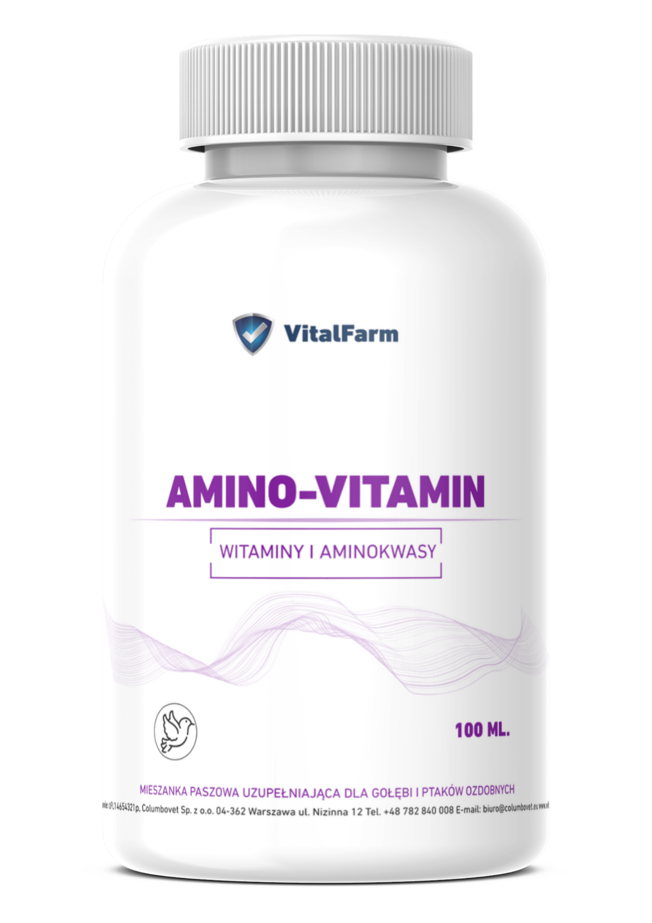 Witaminy i aminokwasy AMINO-VITAMIN marki VitalFarm, w białej butelce 100 ml. dla gołębi i ptaków ozdobnych.