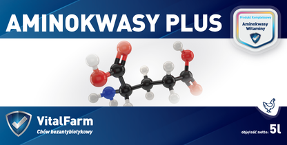 Kolorowa etykieta mieszanki paszowej uzupełniającej Aminokwasy Plus 5L marki VitalFarm. Na etykiecie piktogram kury.