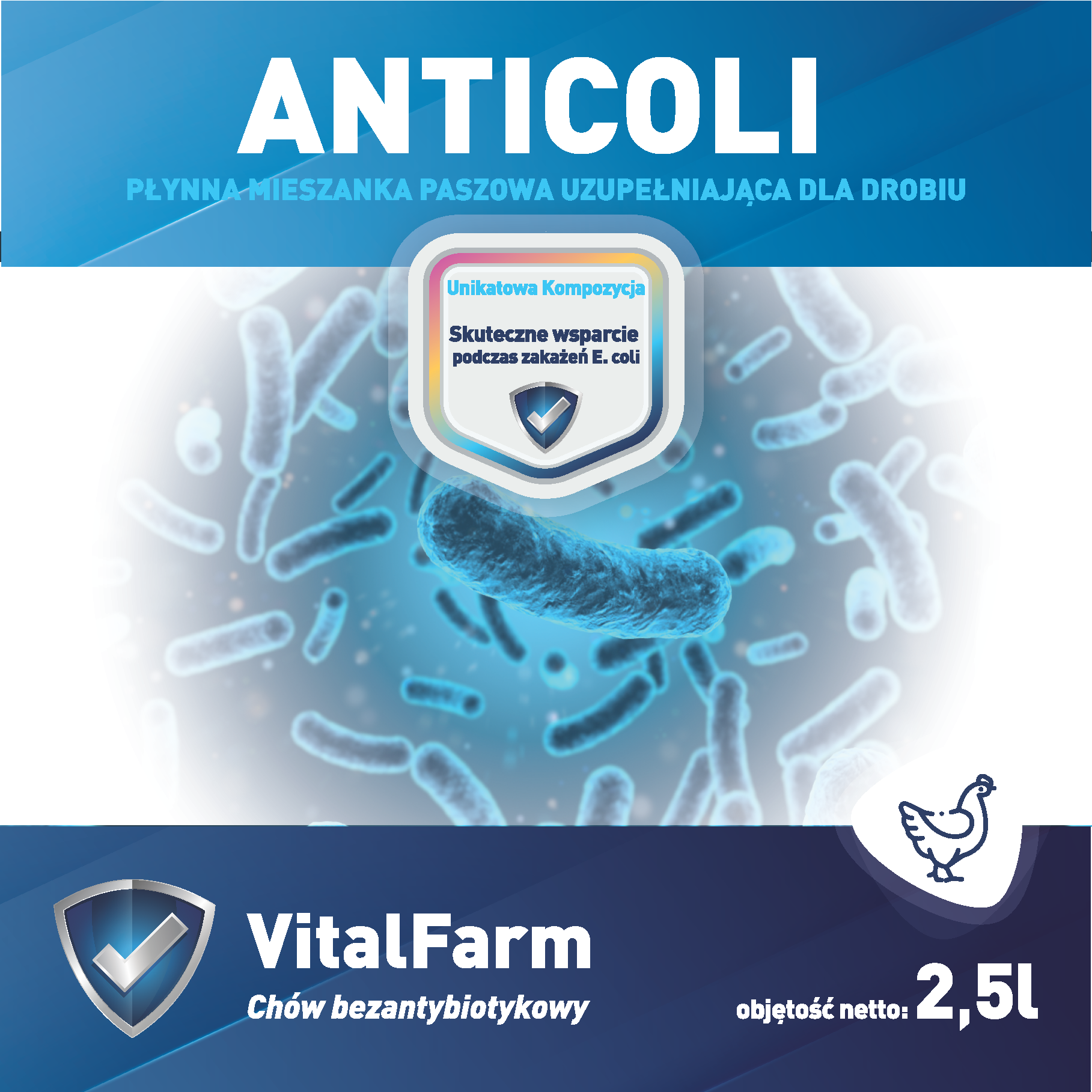 Kolorowa etykieta suplementu Anticoli 2,5L marki VitalFarm. Na etykiecie głównie barwy niebieskie i piktogram kury.