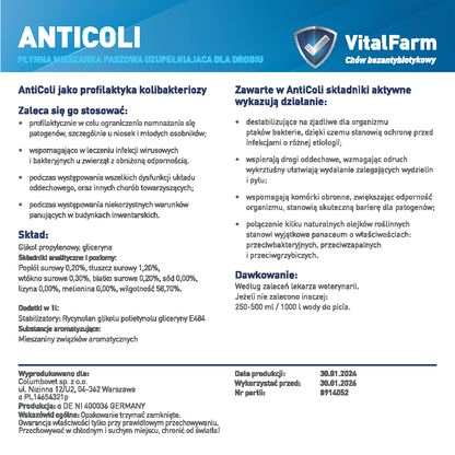 Tył etykiety produktu Anticoli 2,5L marki VitalFarm. W opisie: stosowanie, skład, dawkowanie, daty i nr partii.