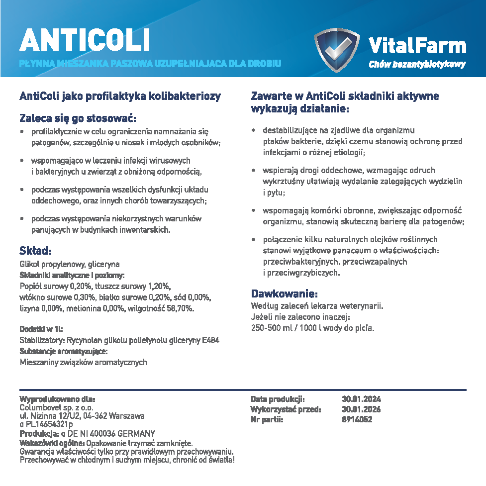 Tył etykiety produktu Anticoli 2,5L marki VitalFarm. W opisie: stosowanie, skład, dawkowanie, daty i nr partii.