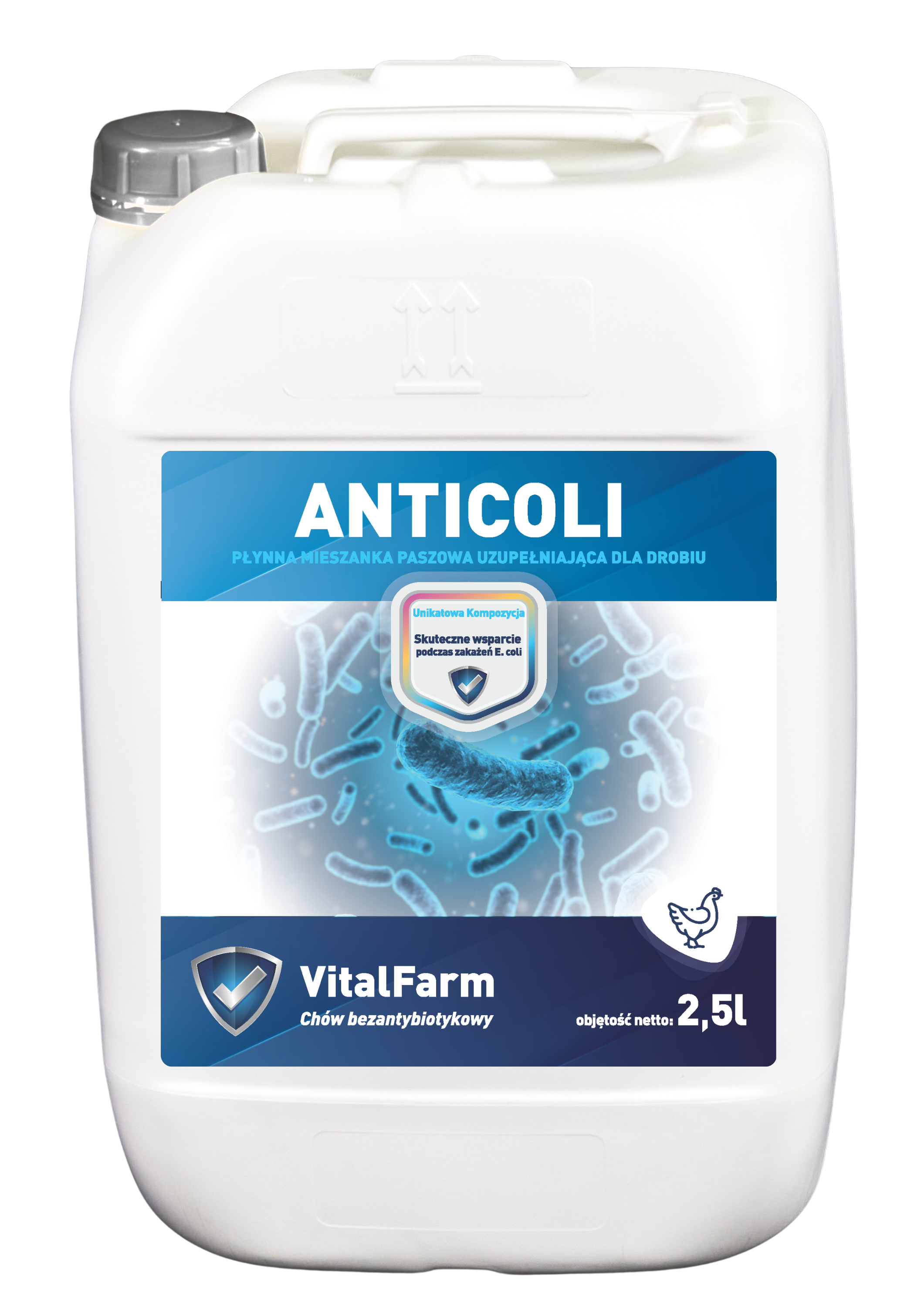 Mieszanka paszowa uzupełniająca Anticoli marki VitalFarm dla drobiu, w białej bańce 2,5L, z kolorową etykietą.