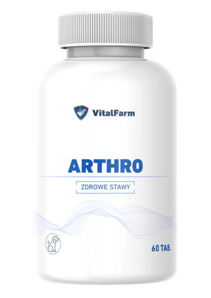 Suplement ARTHRO marki VitalFarm dla piesków w białej butelce. Zawartość 60 tabletek, efekt działania to zdrowe stawy.