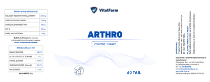 Etykieta suplementu ARTHRO marki VitalFarm dla psów. Na etykiecie: skład, masa, dawkowanie, dystrybutor, ilość tabletek.