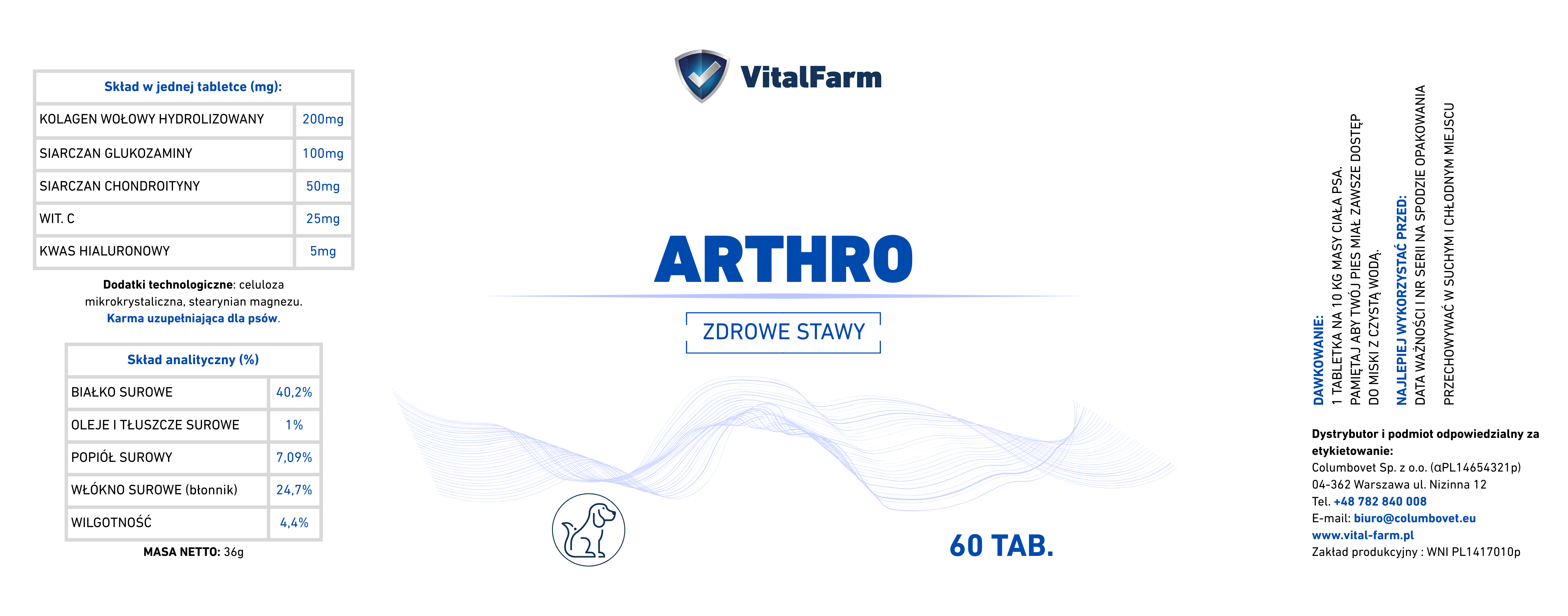 Etykieta suplementu ARTHRO marki VitalFarm dla psów. Na etykiecie: skład, masa, dawkowanie, dystrybutor, ilość tabletek.
