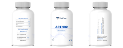 Suplement ARTHRO marki VitalFarm w białej butelce. Butelka pokazana z 3 stron, a na nich: skład, dawkowanie, dystrybutor.