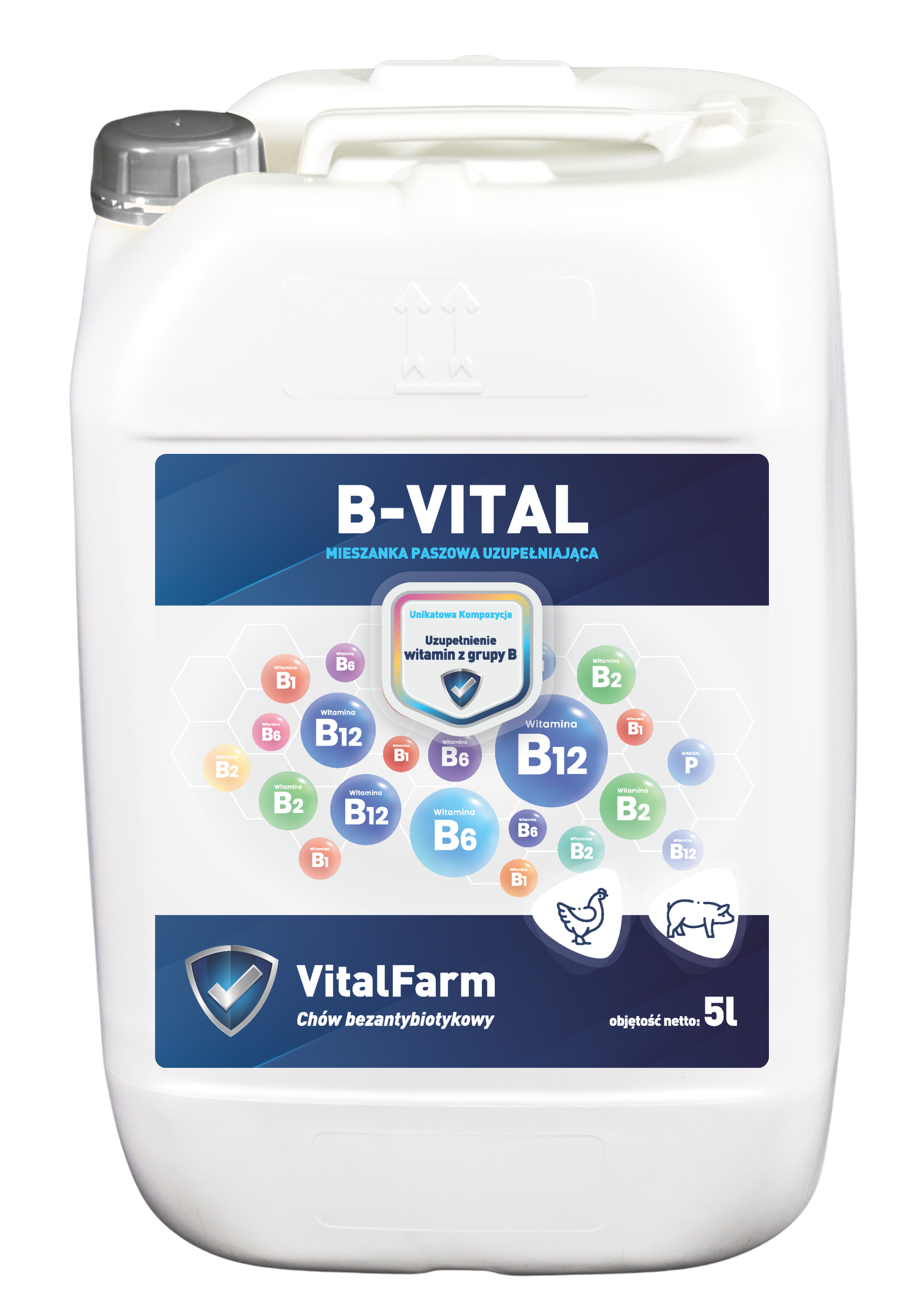 Mieszanka paszowa uzupełniająca B-Vital marki VitalFarm w białej bańce 5L dla drobiu i trzody. Na bańce kolorowa etykieta.