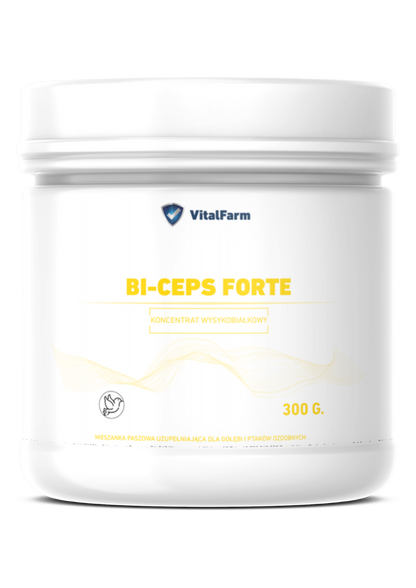 Mieszanka paszowa uzupełniająca BI-CEPS FORTE marki VitalFarm w białym, plastikowym opakowaniu 300 g. dla gołębi.