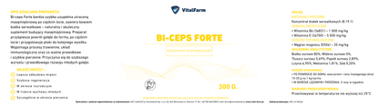 Etykieta koncentratu wysokobiałkowego BI-CEPS FORTE marki VitalFarm. Na etykiecie:opis, właściwości, skład, sposób stosowania