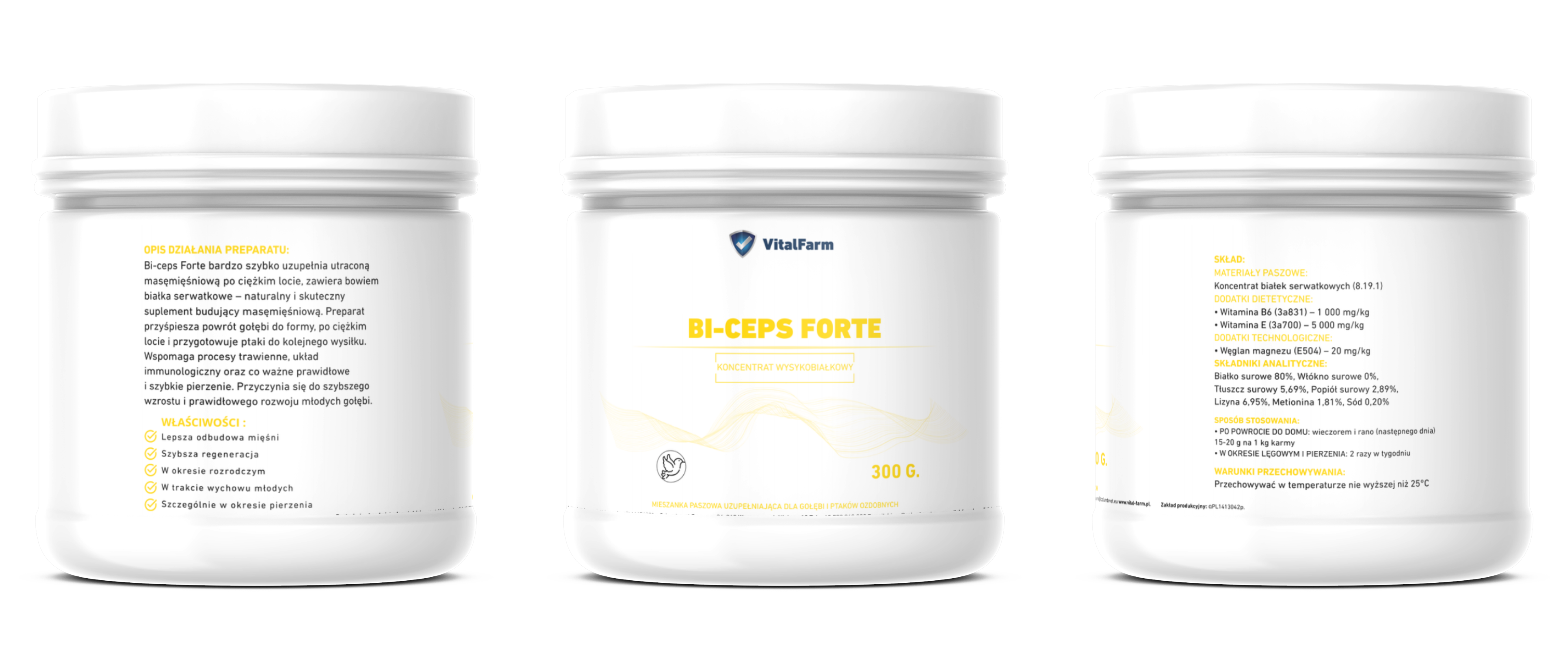 Opakowanie 300 g. suplementu BI-CEPS FORTE marki VitalFarm, zaprezentowane z trzech stron: przód, lewa i prawa strona.