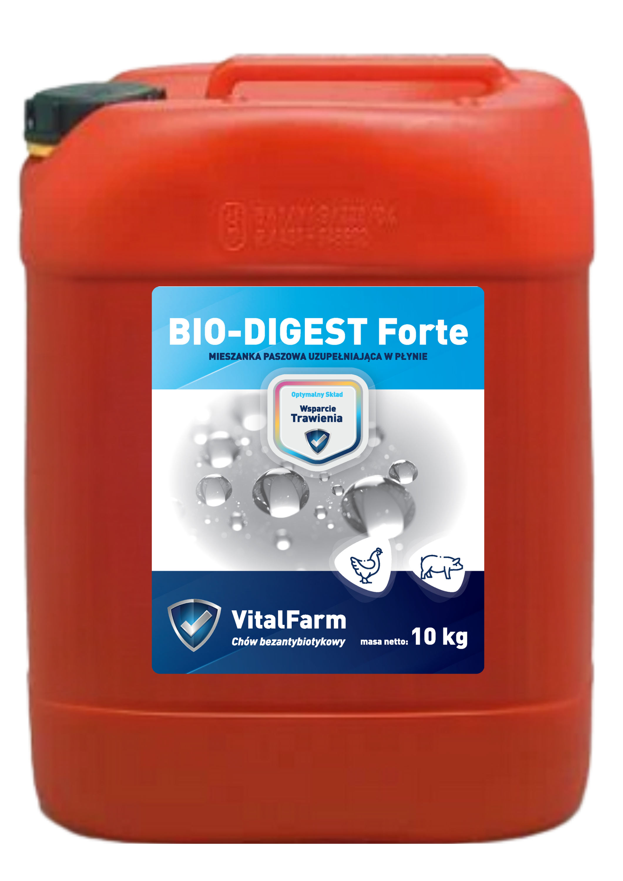Mieszanka paszowa uzupełniająca BIO-DIGEST Forte marki VitalFarm, w czerwonej bańce 10 kg. z granatowo-szarą etykietą.