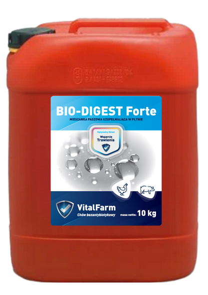 Mieszanka paszowa uzupełniająca BIO-DIGEST Forte marki VitalFarm, w czerwonej bańce 10 kg. z granatowo-szarą etykietą.