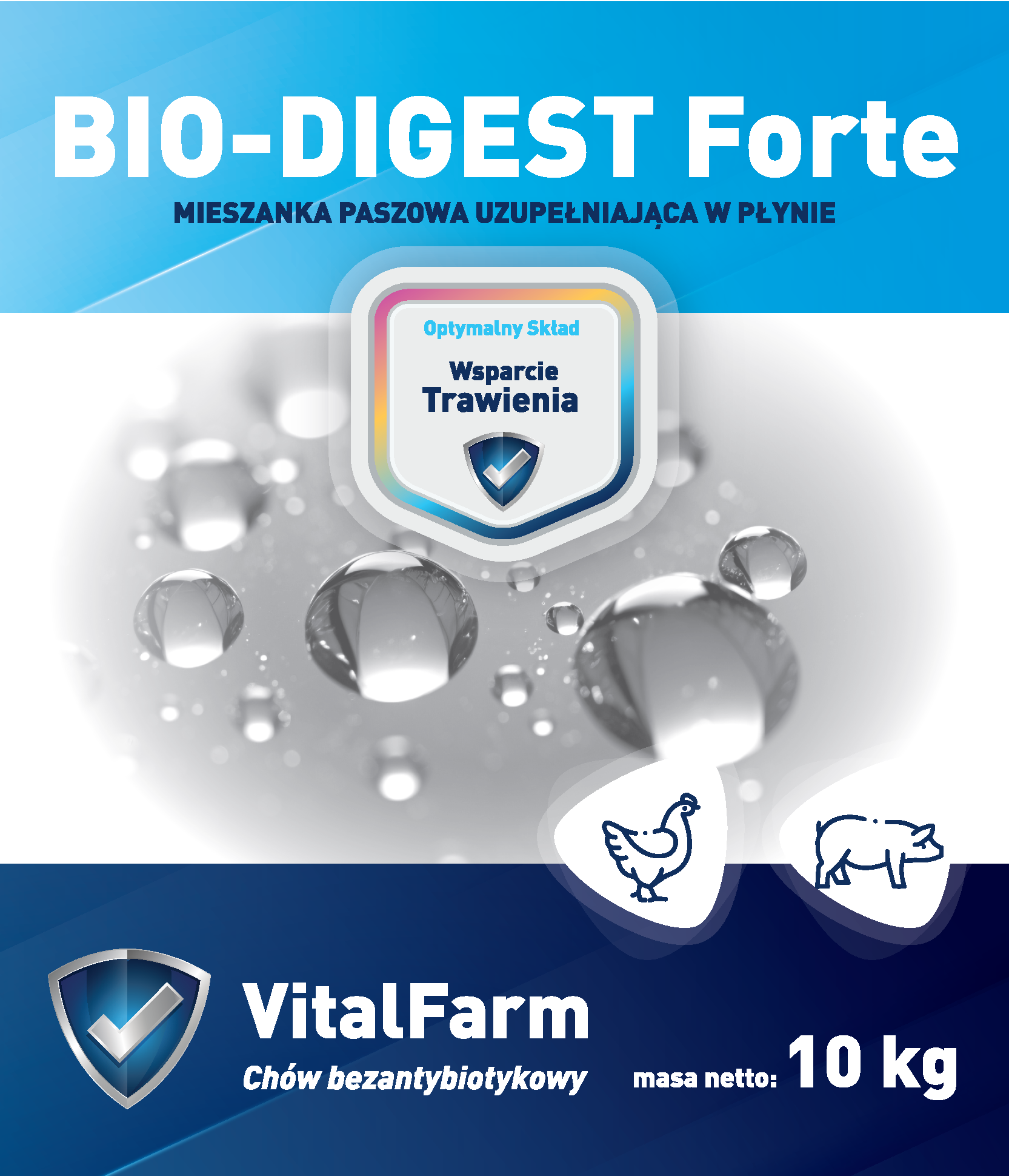 Przód etykiety mieszanki paszowej uzupełniającej BIO-DIGEST Forte 10 kg, granatowo-szarej, z piktogramem kury i świni.