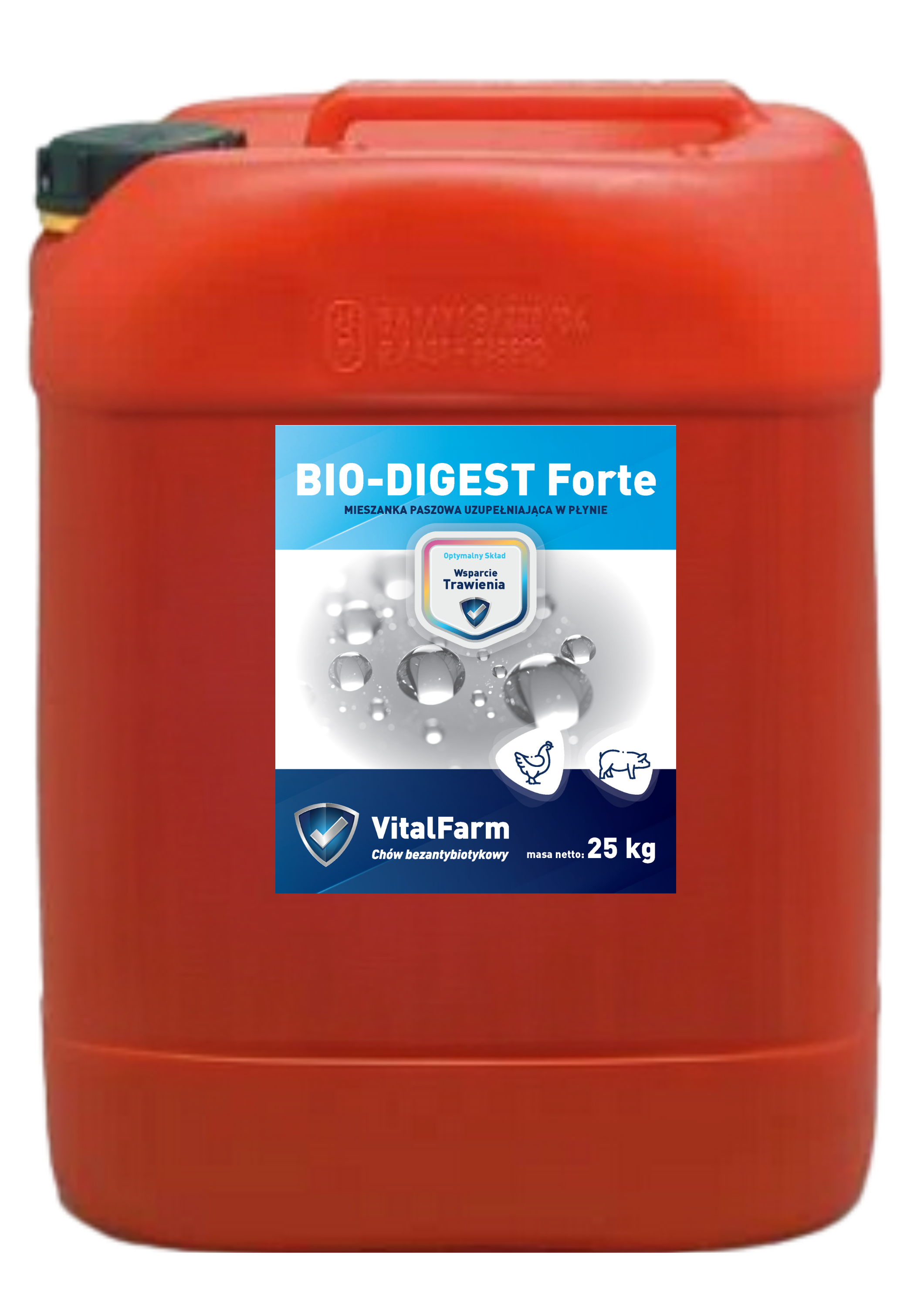 Mieszanka paszowa uzupełniająca BIO-DIGEST Forte marki VitalFarm, w czerwonej bańce 25 kg. z granatowo-szarą etykietą.