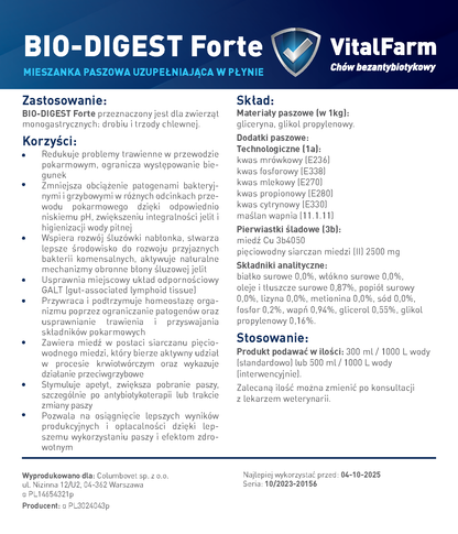 Tył etykiety BIO-DIGEST Forte marki VitalFarm z: zastosowaniem, korzyściami składem, stosowaniem, serią i datą ważności.