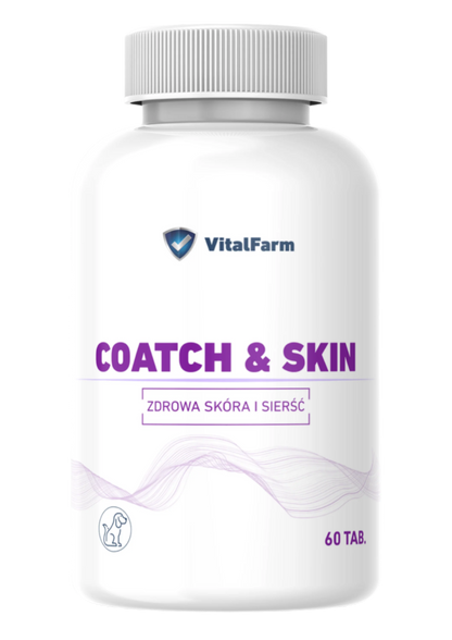 Mieszanka paszowa uzupełniająca Coatch & Skin marki VitalFarm dla psów. Zdrowa skóra i sierść, 60 tabletek w białej butelce.