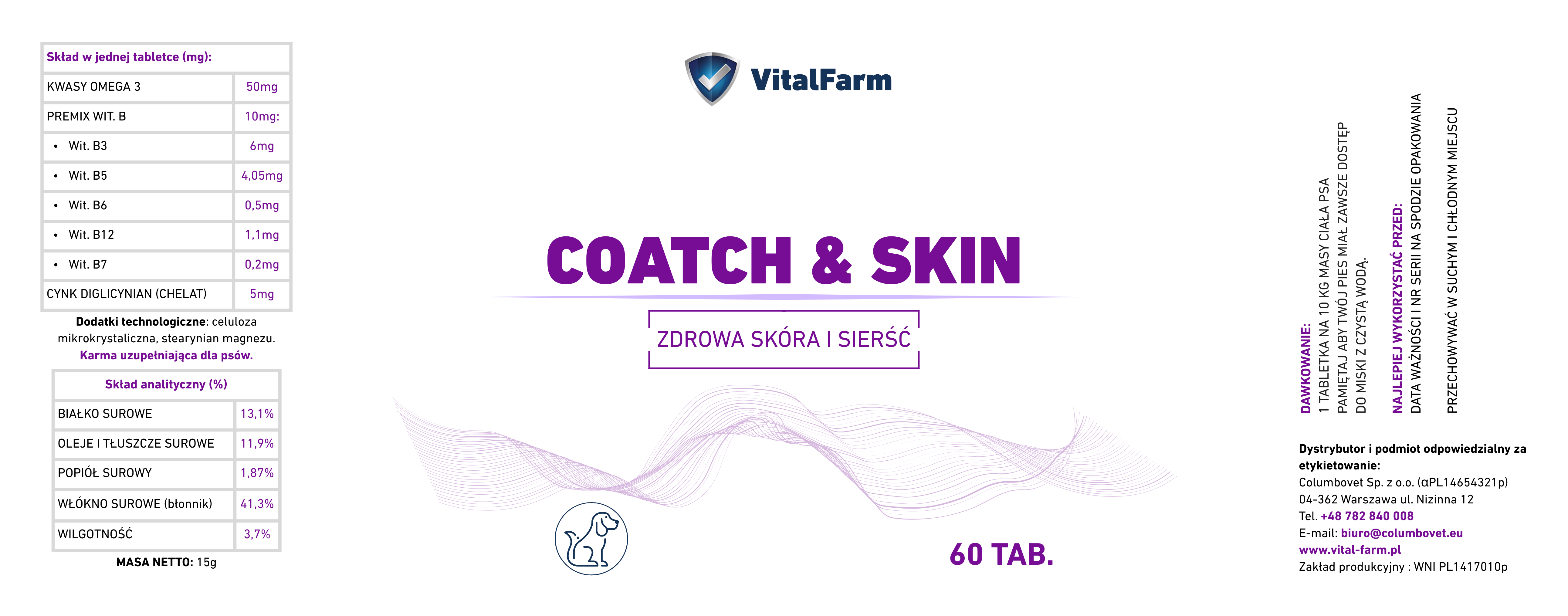 Etykieta Coatch & Skin marki VitalFarm dla psów. Na etykiecie: skład, dawkowanie, data ważności, nr serii, dystrybutor.