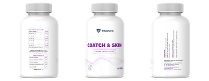 Suplement Coatch & Skin marki VitalFarm w białej butelce z 60 tabletkami pokazany z 3 stron: przód, lewa i prawa strona.