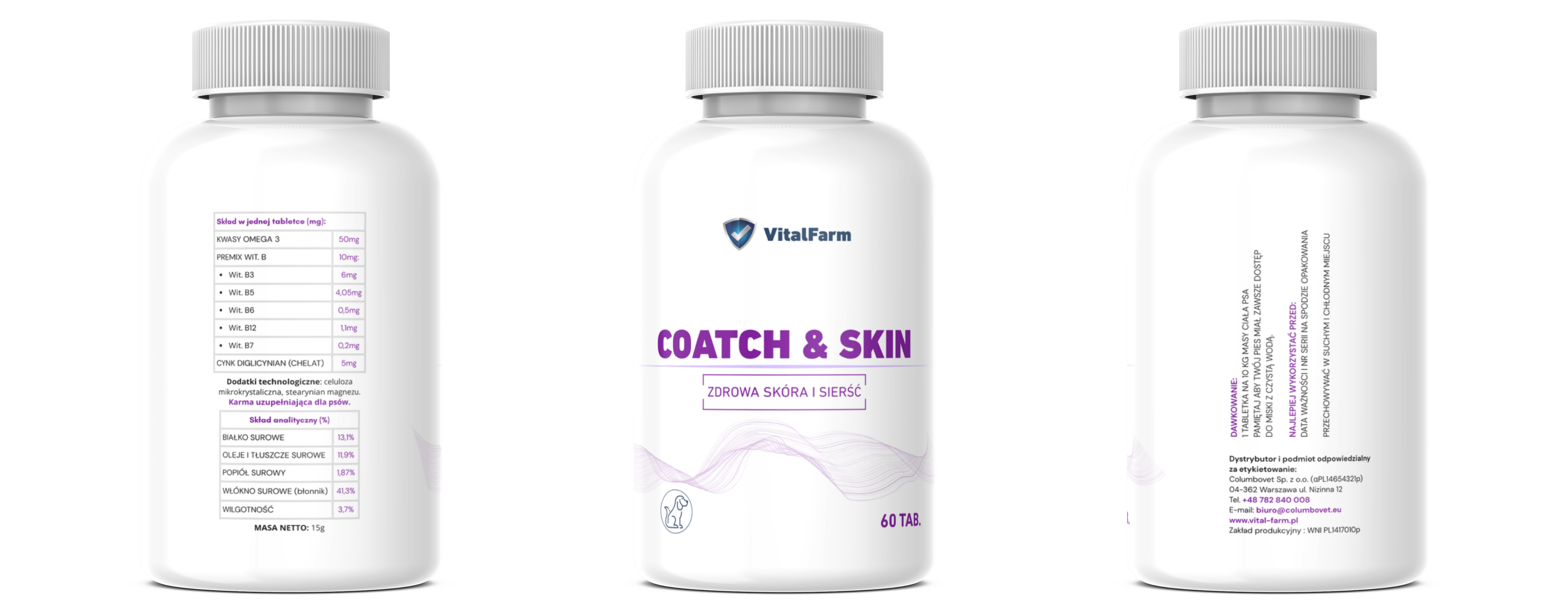 Suplement Coatch & Skin marki VitalFarm w białej butelce z 60 tabletkami pokazany z 3 stron: przód, lewa i prawa strona.