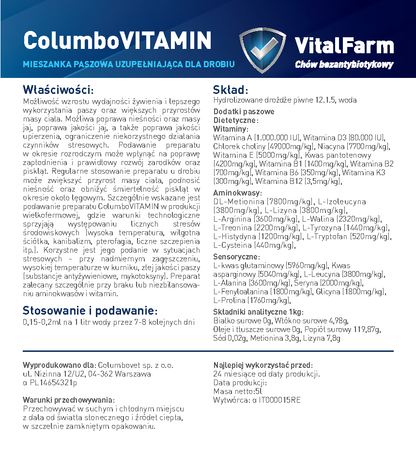 Tył etykiety suplementu ColumboVitamin marki VitalFarm dla drobiu. Widzimy: właściwości, stosowanie, skład, data i nr serii.
