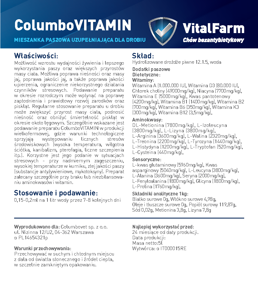 Tył etykiety suplementu ColumboVitamin marki VitalFarm dla drobiu. Widzimy: właściwości, stosowanie, skład, data i nr serii.