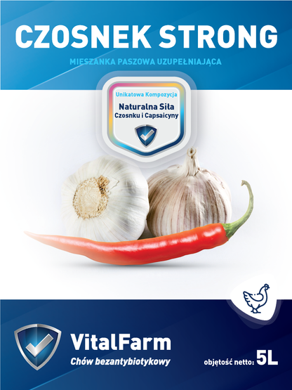 Przód etykiety suplementu Czosnek Strong marki VitalFarm 5L. dla drobiu. Dominujące kolory to granat i biel. Piktogram kury.
