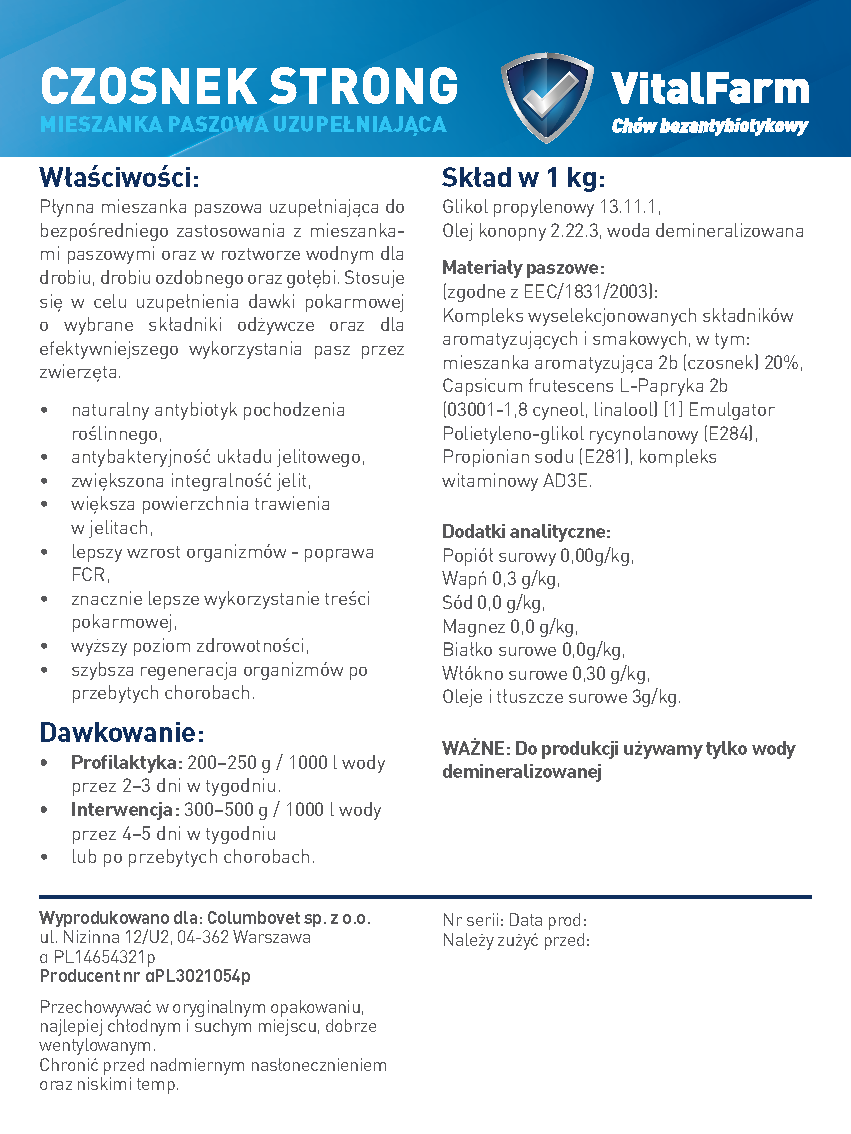 Tył etykiety suplementu Czosnek Strong marki VitalFarm. Na niej: właściwości, dawkowanie, skład, data i seria, dystrybutor.