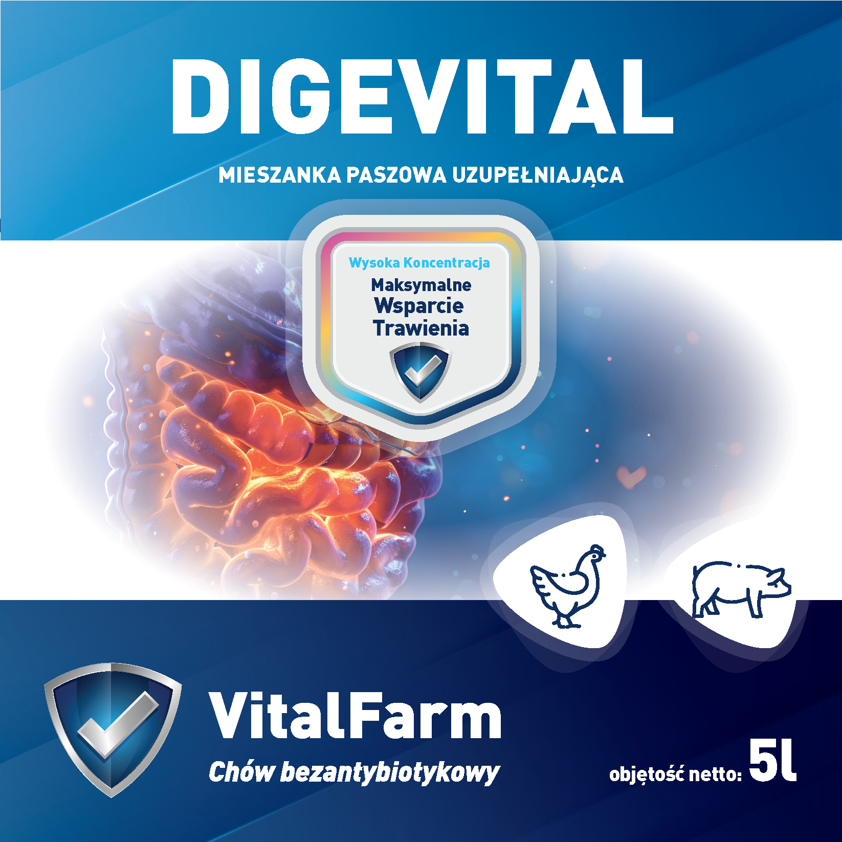 Przód etykiety suplementu Digevital marki VitalFarm 5L. Dominuje kolor granatowy i biały, na niej piktogramy kury i świni.
