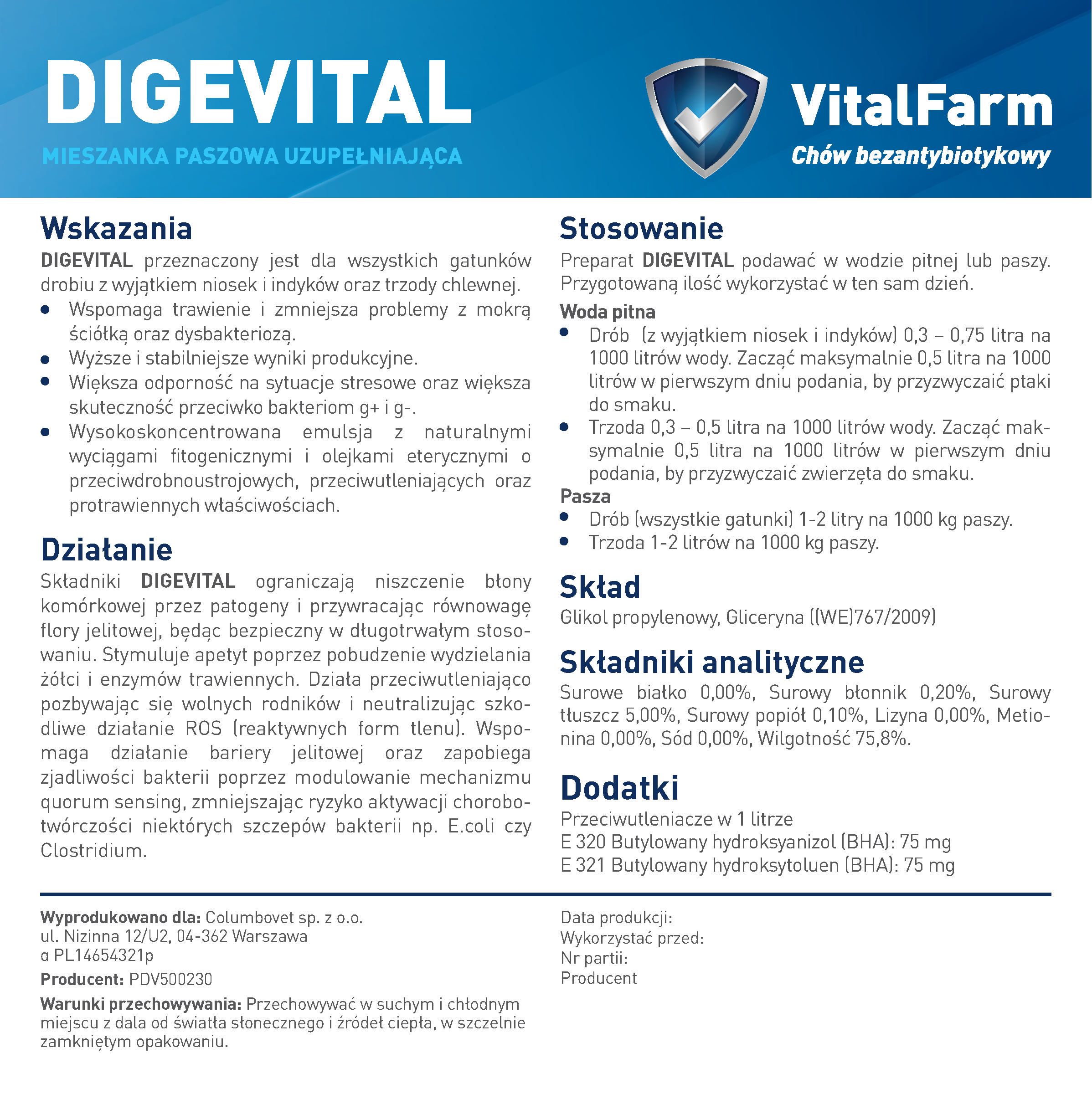 Tył etykiety suplementu Digevital marki VitalFarm. Na niej: wskazania, działanie, stosowanie, skład, data, seria, dystrybutor